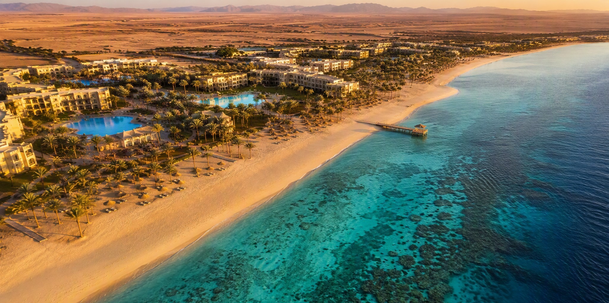 Aerial view of Fantazia resorts on the Marsa Alam shoreline